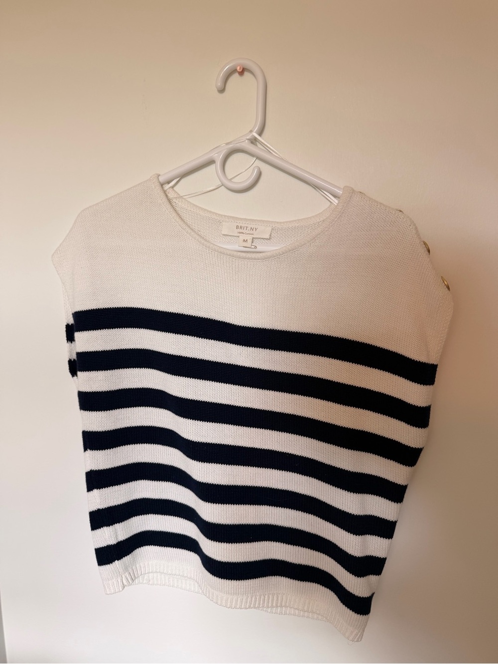 BRIT. NY White and Navy Striped Knit Top - Medium